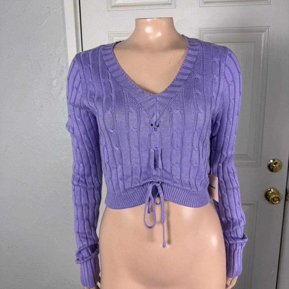 NEW Superdown Women's Sweater Large Cropped Lace tie V neck Cable Knit AA15